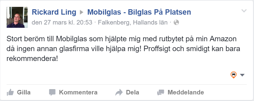 Stort beröm till Mobilglas som hjälpte mig med rutbytet på min Amazon då ingen annan glasfirma ville hjälpa mig! /Rickard Ling